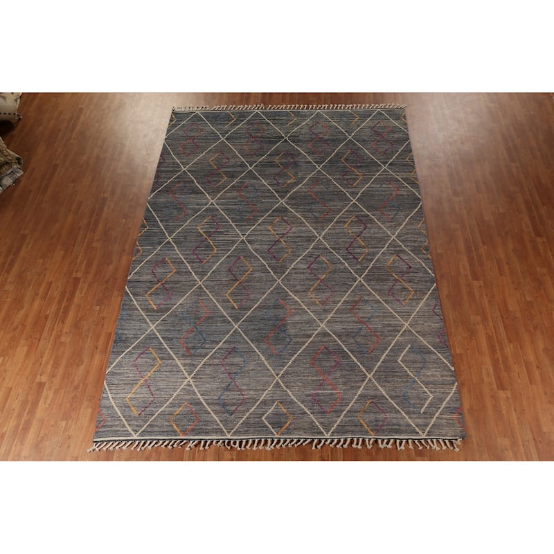 Gray & Blue Trellis Moroccan Area Rug Hand-Knotted Wool Carpet - 8'10"x 12'7"