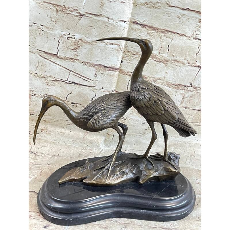 Original Signed Two Wildlife Crane Cranes Pond Garden Bronze Statue Sculpture