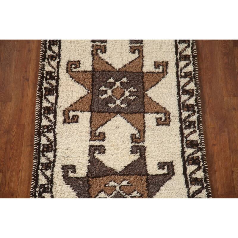 Vegetable Dye Plush Kurdish Turkish Runner Rug Handmade Wool Carpet - 3'1"x 11'3"