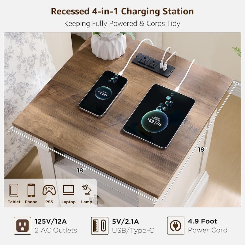 Farmhouse Nightstand with Charging Station, End Table with 2 Drawers