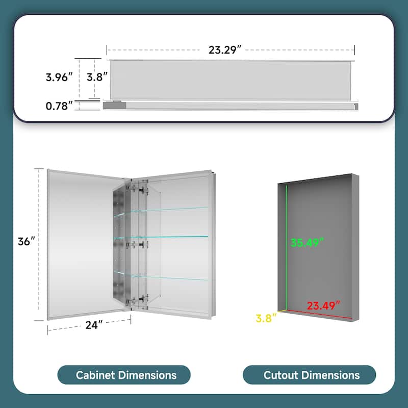 24x36" Tri-View Mirrored Medicine Cabinet, Soft-Close Blum Hinges, Reversible Bi-View Door, Recess/Surface Mount, Aluminum Body