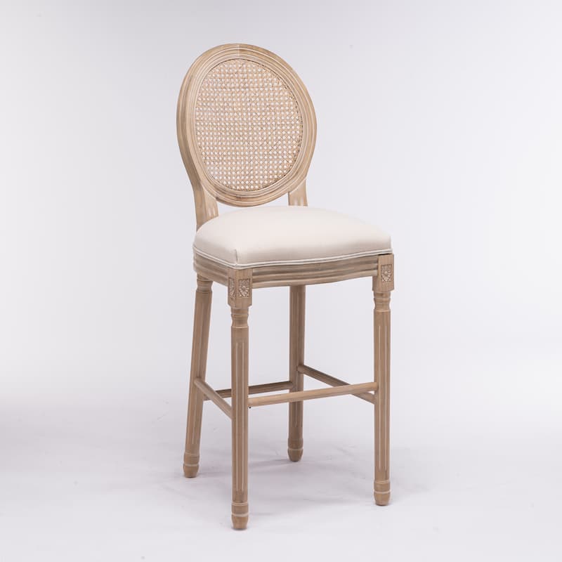 French Country Wooden Barstools Rattan Back With Upholstered Seating,Beige and Natural,Set of 2