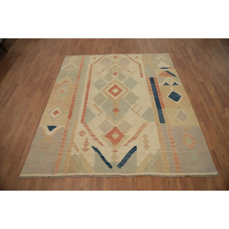 Hand Woven Oriental 100% Wool Carpet Southwestern Tribal Beige & Ivories Kilim Area Rug - 6' 7'' X 5' 10''