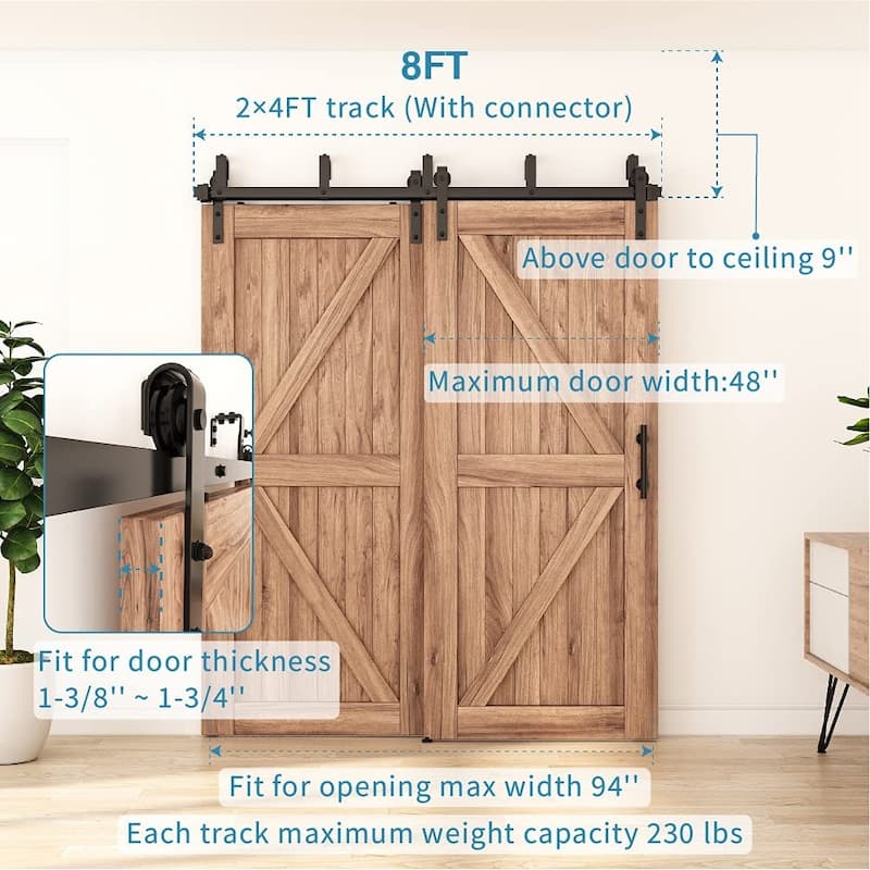 WINSOON 5-16FT Bypass Sliding Barn Door Hardware Kit for Double Doors J Shape Hangers