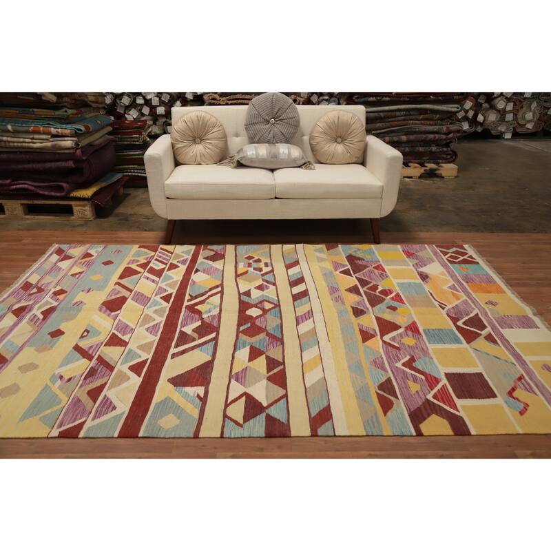 Hand Woven Oriental 100% Wool Carpet Southwestern Tribal Multi-Colored Kilim Area Rug - 9' 1'' X 5' 11''
