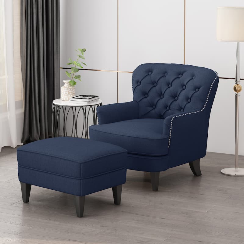 Correia Contemporary Tufted Fabric Club Chair and Ottoman Set by Christopher Knight Home - Blue + Dark Brown