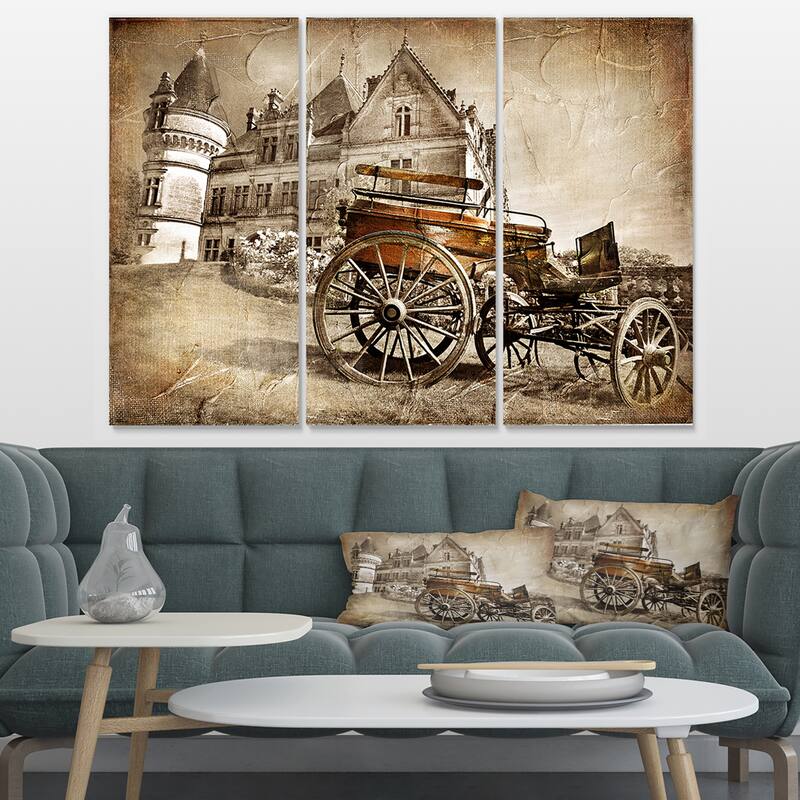 Designart "Medieval Castle with Carriage" Contemporary Canvas Art Print - 36 in. wide x 28 in. high - 3 Panels
