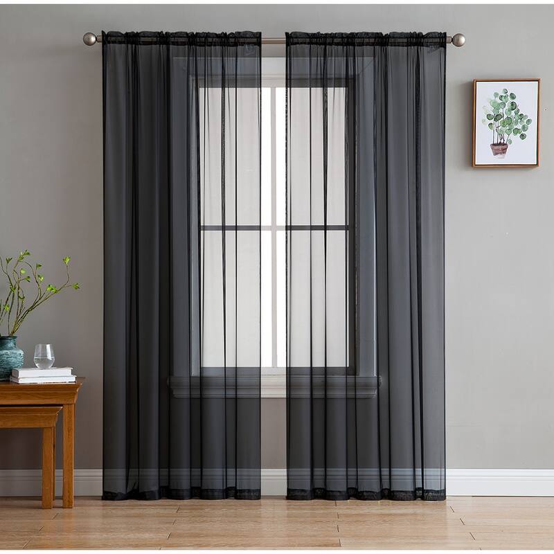 HLC.me Sheer Voile Window Treatment Rod Pocket Curtain Panels for Bedroom, Living Room, Kitchen - Set of 2 panels - 54 W x 84 L per panel - Pair - Black