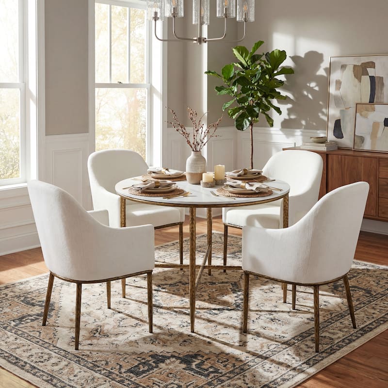 Christopher Knight Home - 5-Piece Industrial Metal Top Dining Set with Upholstered Chairs - Armrest - Forged Brass