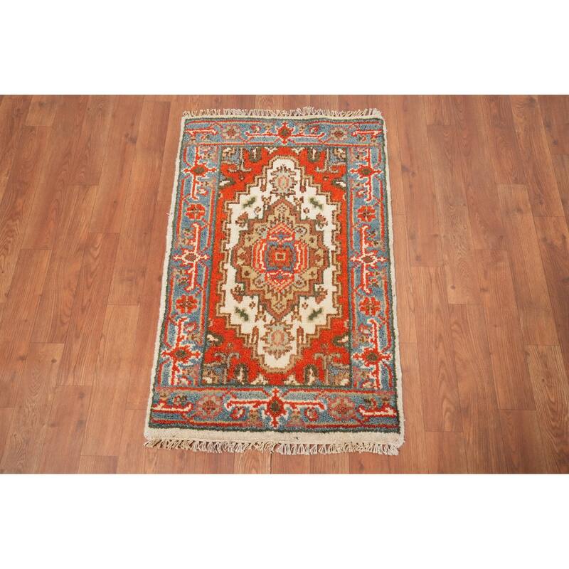 Hand Knotted Oriental 100% Wool Carpet Traditional Medallion Beige & Ivories Heriz (serapi) Area Rug - 3' 0'' X 2' 0''