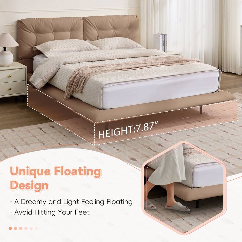 Christopher Knight Home- Lorcan PU Leather Floating Bed Frame with LED Lights and Button-Tufted Headboard