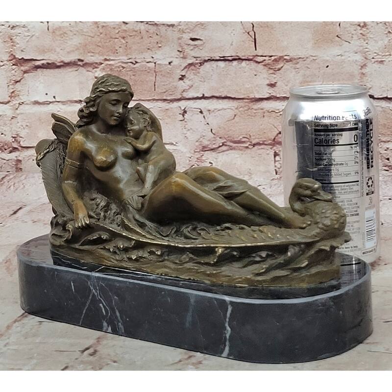 Bronze Fairy And Child In Swan Boat Sculpture On Marble Base