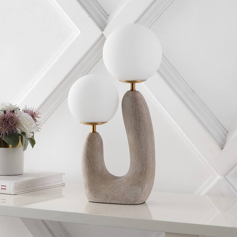 Oda 18" 2-Light Mid-Century Scandinavian Resin/Iron/Frosted Glass Cactus LED Table Lamp, Gray Wood Finish by JONATHAN Y