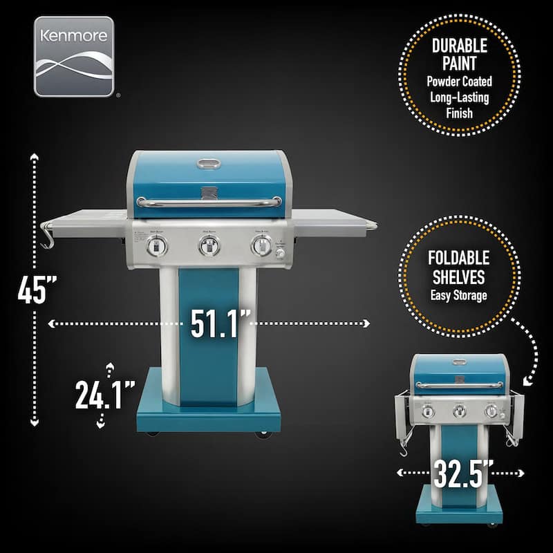 Kenmore 3-Burner Propane Gas Grill with Foldable Side Shelves