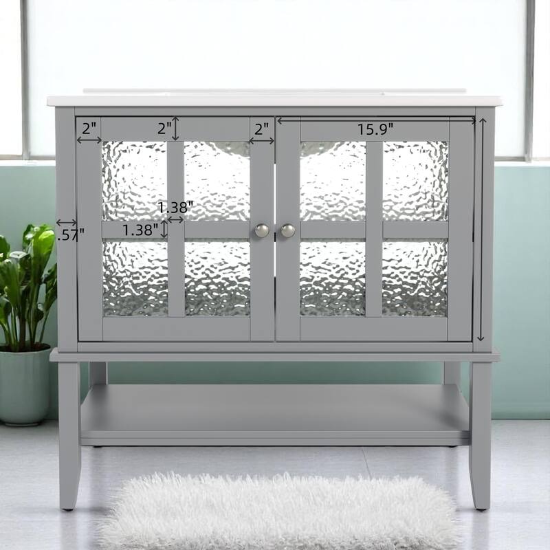 36" Bathroom Vanity with Ceramic Sink, Adjustable Shelf, Open Shelf, Solid Wood Legs & Soft-Close Hinges