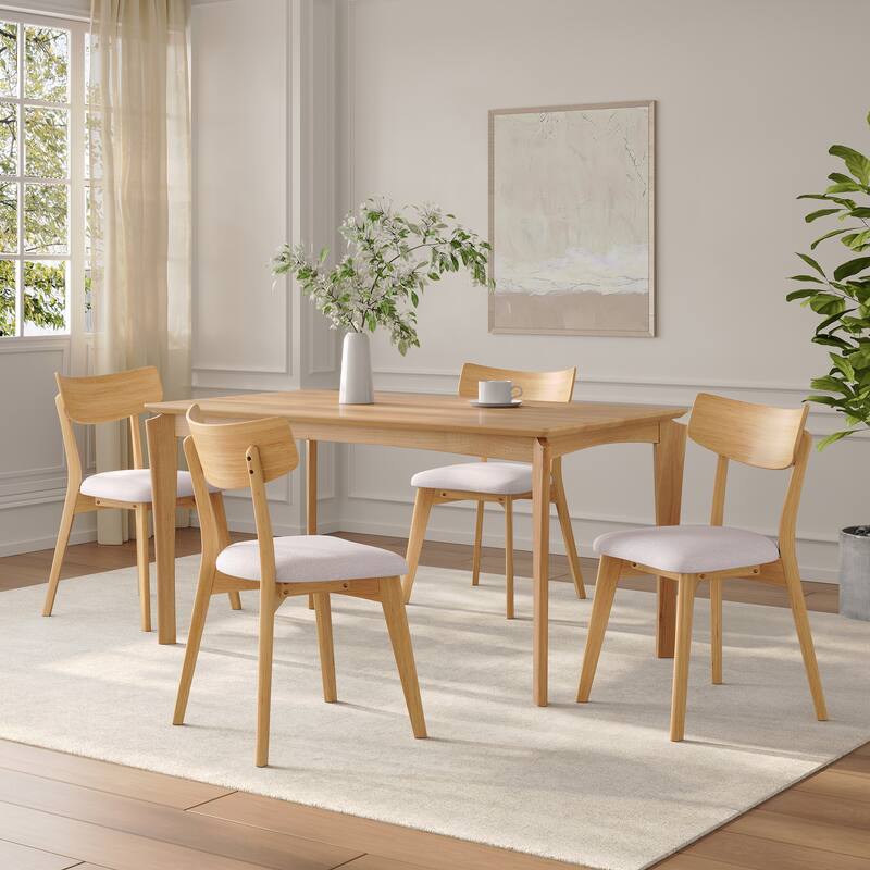 Mid-Century Walnut Finished Frame Upholstered Dining Chairs, Set of 4, Light beige+Natural - Light beige,Natural