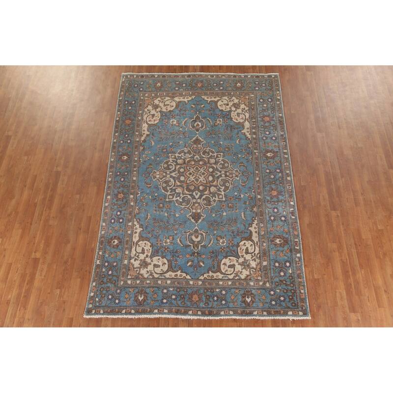 Over-Dyed Blue Tabriz Persian Vintage Rug Hand-Knotted Wool Carpet - 6'6"x 10'0"