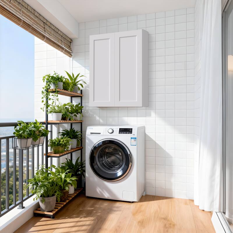 36 Inch White Shaker Double Door Wall Cabinet Solid Wood with 3 adjustable shelves Ready to Assemble, Laundry and Garage Storage - White