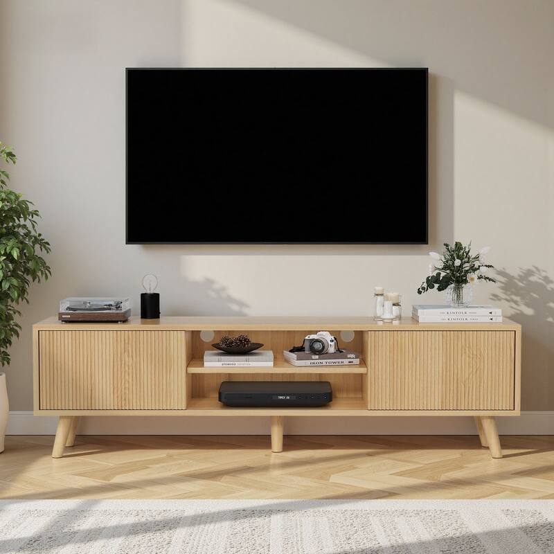 Meyreso 63" Modern Wood TV Stand with Sliding Doors, LED Lighting, and Adjustable Shelf - 64 inches in width - Natural - 64 inches in width