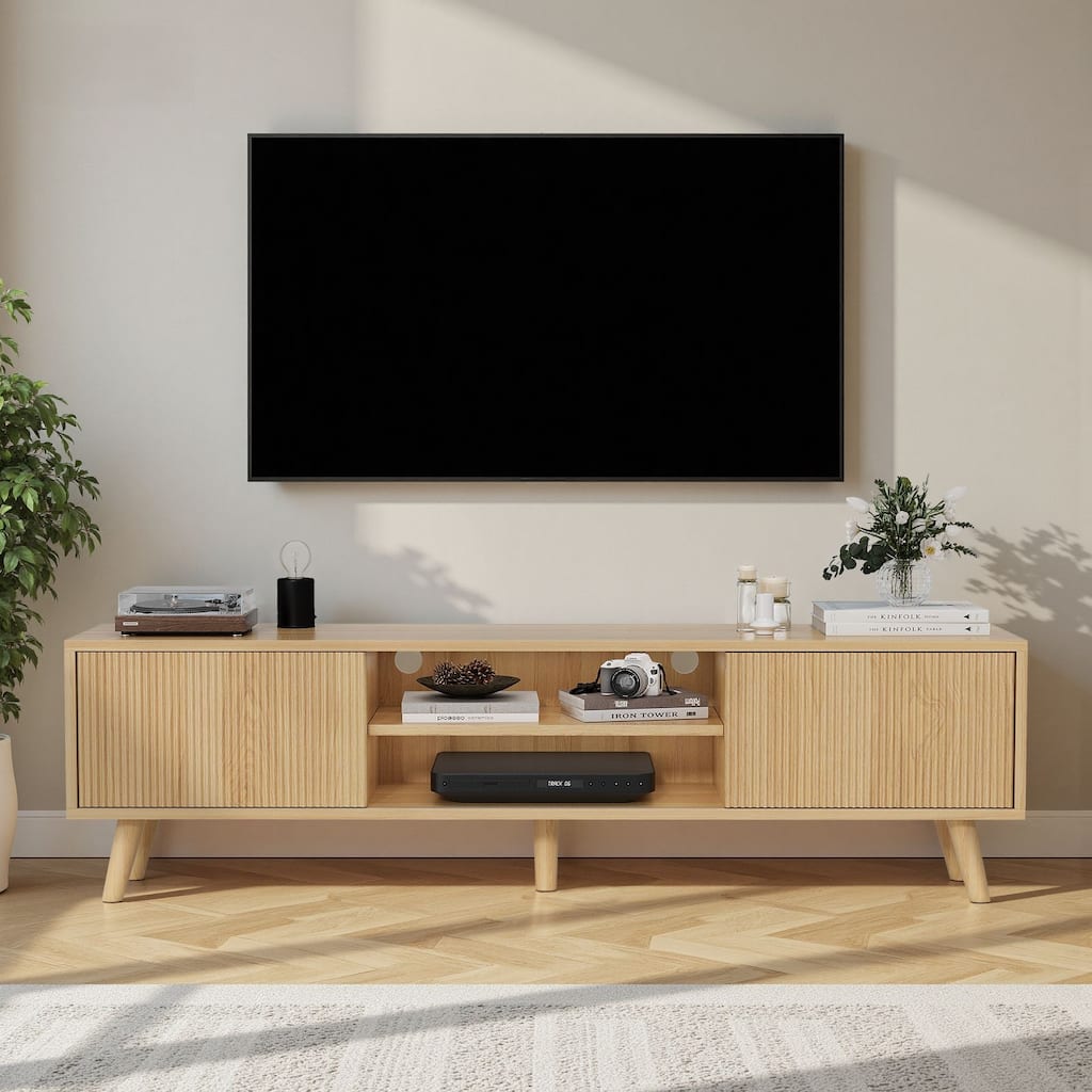 Meyreso 63" Modern Wood TV Stand with Sliding Doors, LED Lighting, and Adjustable Shelf - 64 inches in width