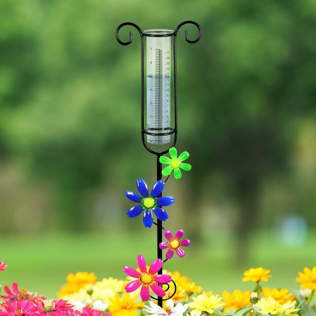 Exhart Glass and Metal Rain Gauge Garden Stake with Hand Painted Pink, Blue, Purple and Green Flowers, 42 Inches