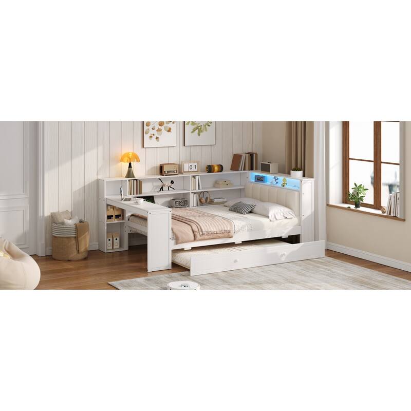 Roomfitters Twin/Full Platform Bed with Trundle, LED Headboard, Charging Station and Storage
