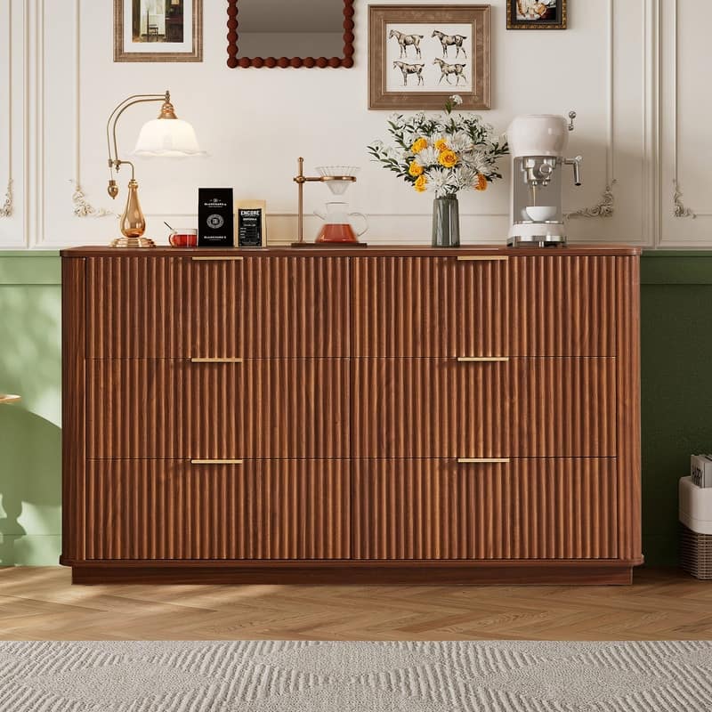 Modern 6 Drawers Dresser with Curved Design and Ample Storage for Bedroom or Living Room Organization - Walunt