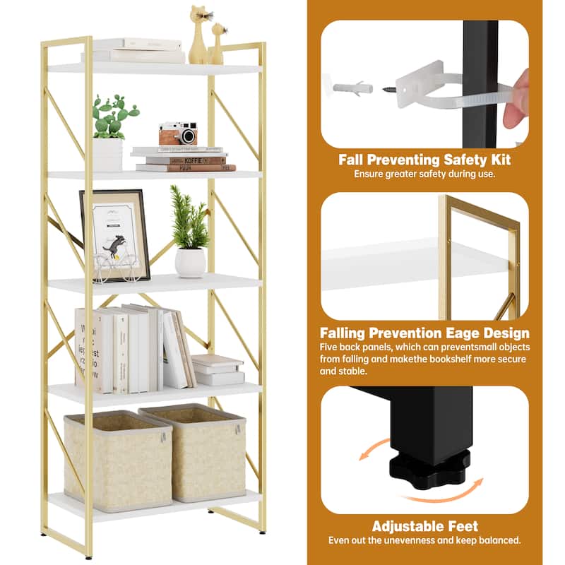 H-Shaped 5-Tier Storage Bookcase, 62.2" Tall Standing Bookshelf with Adjustable Feet