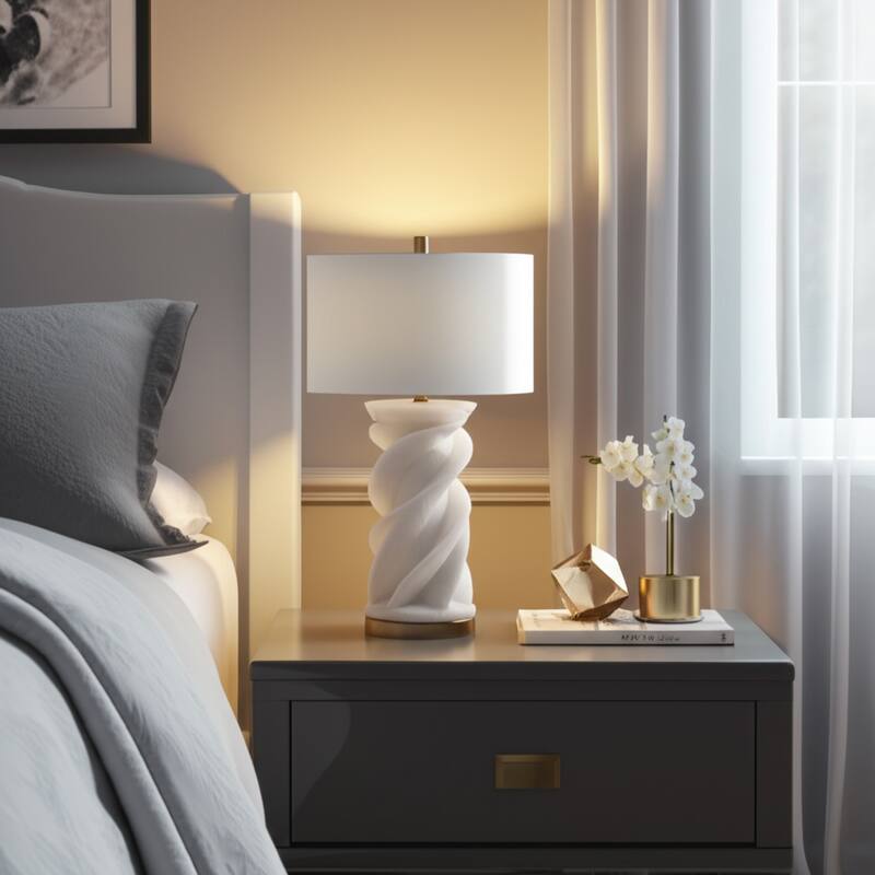 Stone Quartz Table Lamp Sculpted Twisted Base Fabric Shade - 29" White - 16" x 16" x 29"