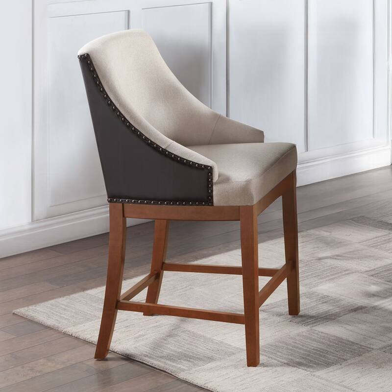 Set of 2 Upholstered Counter Height Chairs with Nailhead Trim in Brown and Beige