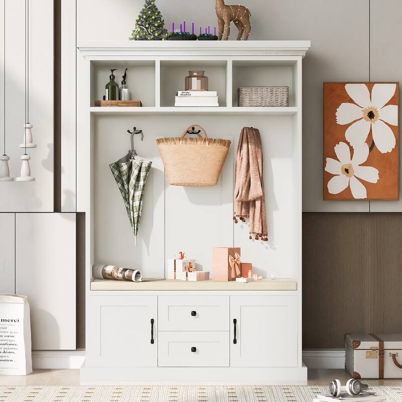 Classic Hall Tree with 3 Hooks,Coat Hanger,Storage Bench for Entrance,Hallway