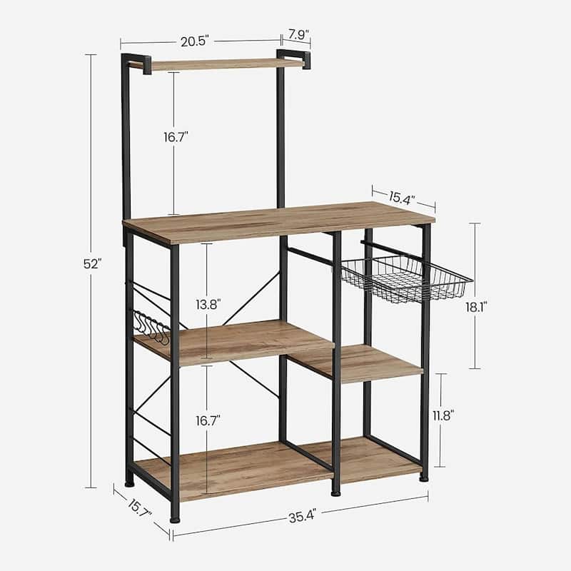 Kitchen Microwave Oven Stand Shelf with Wire Basket and 6 S-Hooks - 35.4"L x 15.7"W x 52"H