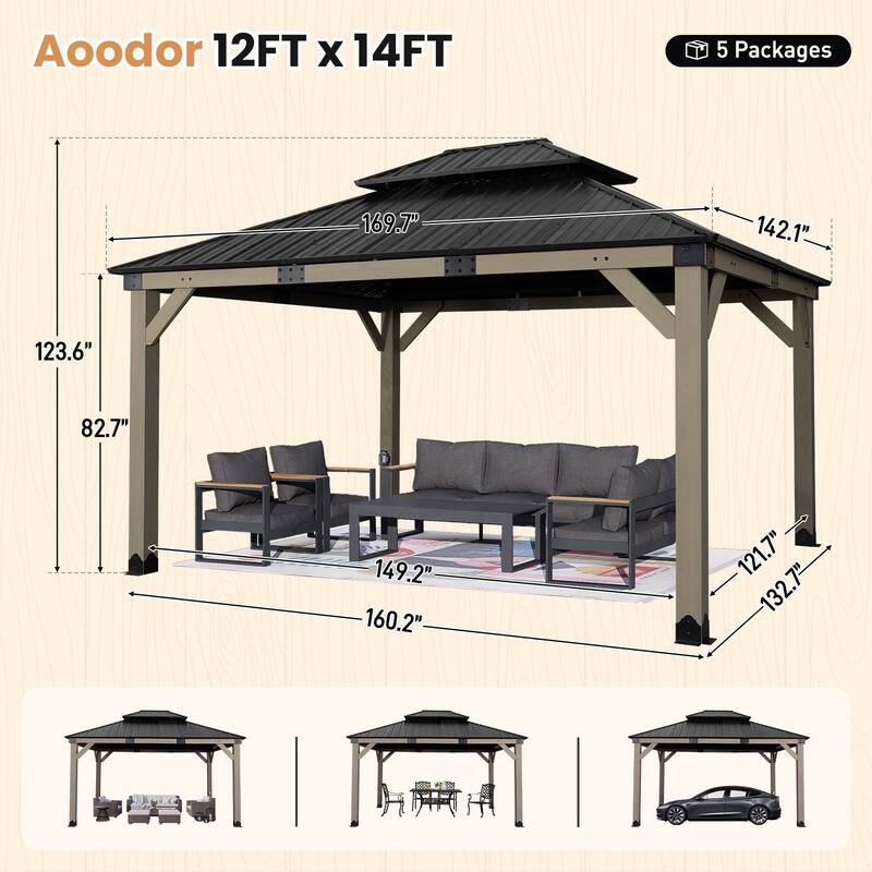 Aoodor 12' x 14' Wood Gazebo, Upgrade Cedar Wooden Frame Gazebo with 2-Tier Galvanized Steel Roof and Outlets