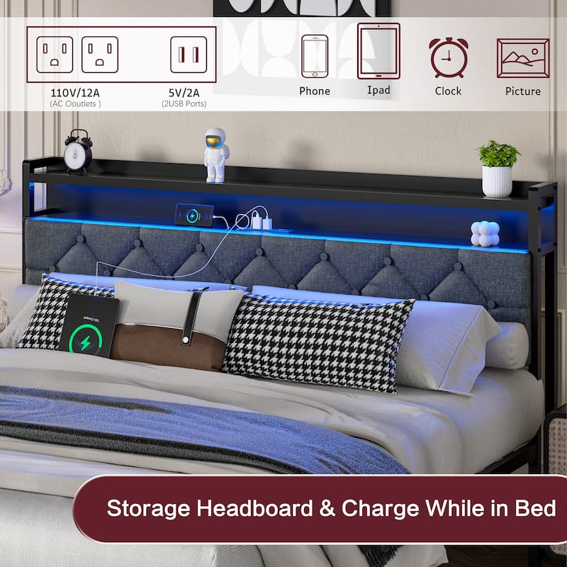 Queen Size Upholstered Bed with Storage Drawers, LED Headboard & USB Ports - Modern Fabric Platform Bed