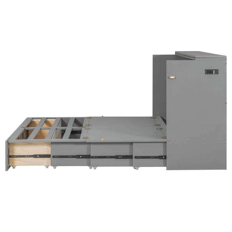 Queen Size Wall Bed with Drawers, USB Ports, and Pulley Design, Gray