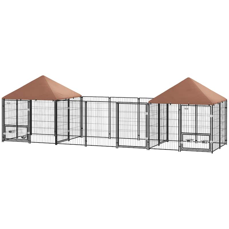 Coffee Steel Dog Kennel with 2 Rooms, Activity Area and Adjustable Bowls - 16.2' L x 4.7' W x 5.1' H - Coffee