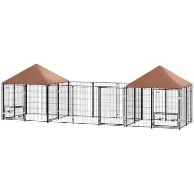 Coffee Steel Dog Kennel with 2 Rooms, Activity Area and Adjustable Bowls - 16.2' L x 4.7' W x 5.1' H