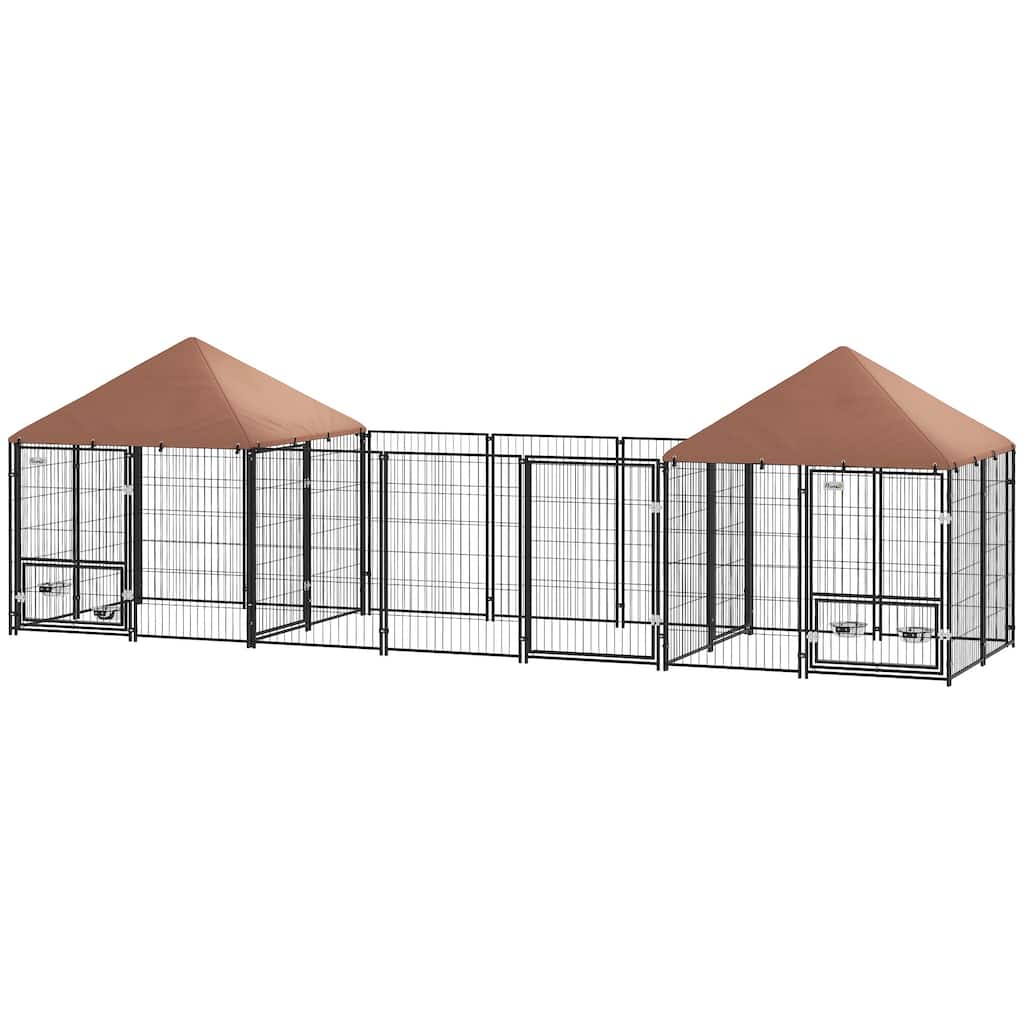 Coffee Steel Dog Kennel with 2 Rooms, Activity Area and Adjustable Bowls - 16.2' L x 4.7' W x 5.1' H