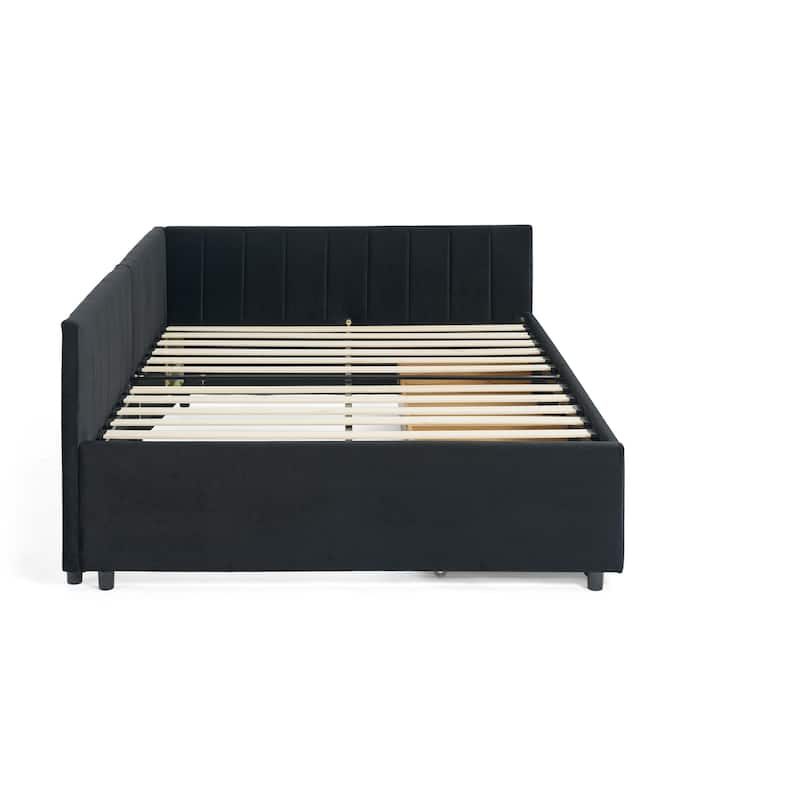 Full Size Velvet Upholstered Daybed with Storage Drawers, Tufted Sofa Bed Frame with Armrests and Backrest