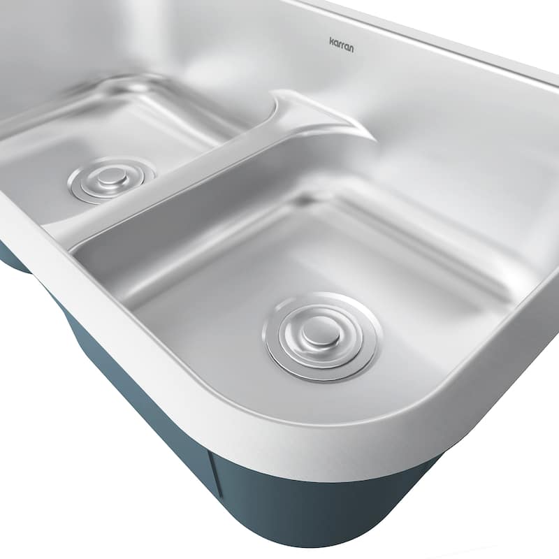Karran Profile 32” Undermount 18 Gauge Low Divider Double Bowl Stainless Steel Kitchen Sink with Accessories
