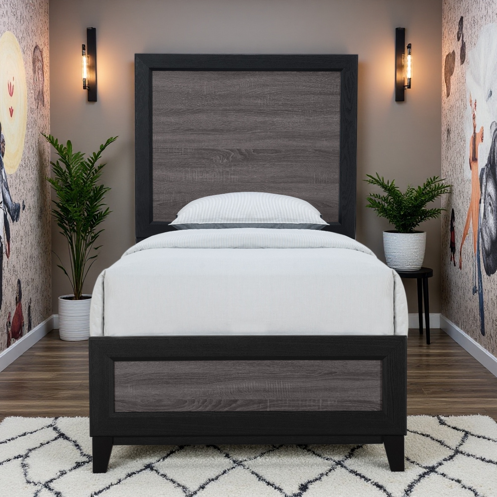 Twin Size Solid Wood Panel Bed with Two-Tone Finish