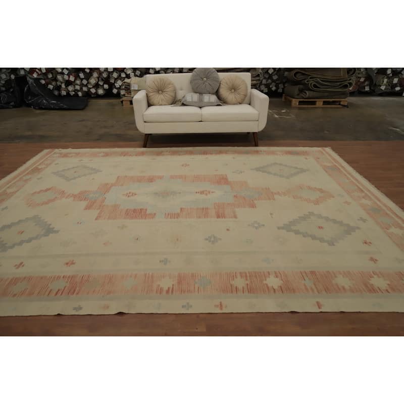 Hand Woven Oriental 100% Wool Carpet Southwestern Tribal Beige & Ivories Kilim Area Rug - 11' 9'' X 9' 0''