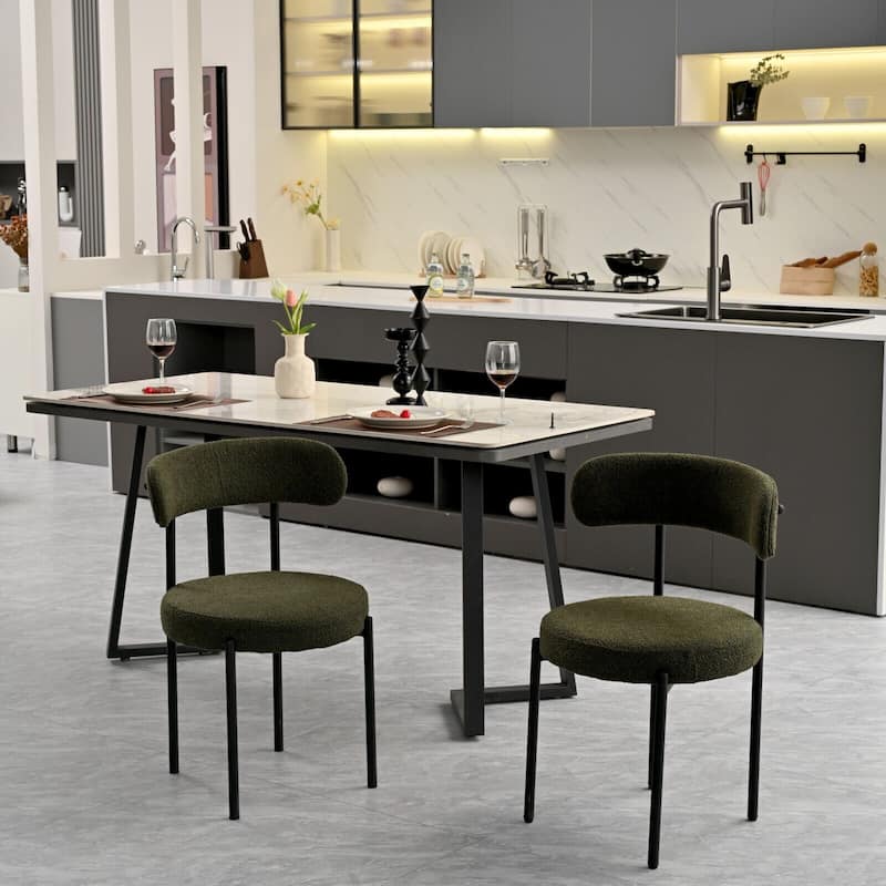 Boucle Dining Chairs Set of 2,Mid-Century Modern Curved Backrest Chair,Round Upholstered Kitchen Chairs