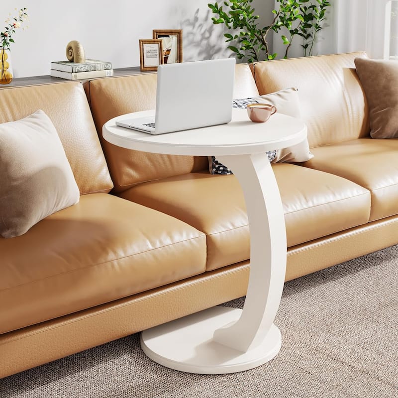 Solid Wood Round End Table Mid Century C-Shaped Side Table for Living Room & Bedroom