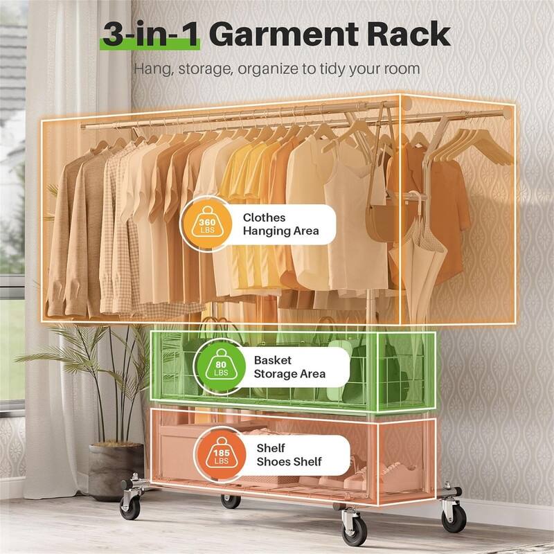 625 lbs Clothing Racks with Wheels - 71"D x 21.65"W x 68"H