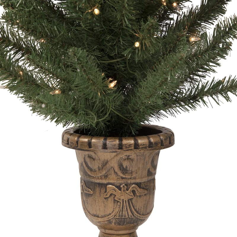 2 Potted Porch Pine Topiary Slim Artificial Trees 4' Clear Lights - Tabletop