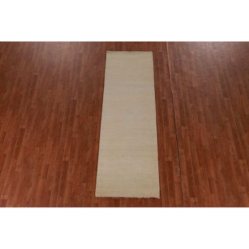 Hand Knotted Oriental 100% Wool Carpet Modern Solid Beige & Ivories Gabbeh Runner Rug - 8' 2'' X 2' 7''