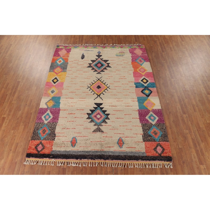 Geometric Plush Moroccan Area Rug Hand-Knotted Wool Carpet - 8'2" x 10'7"