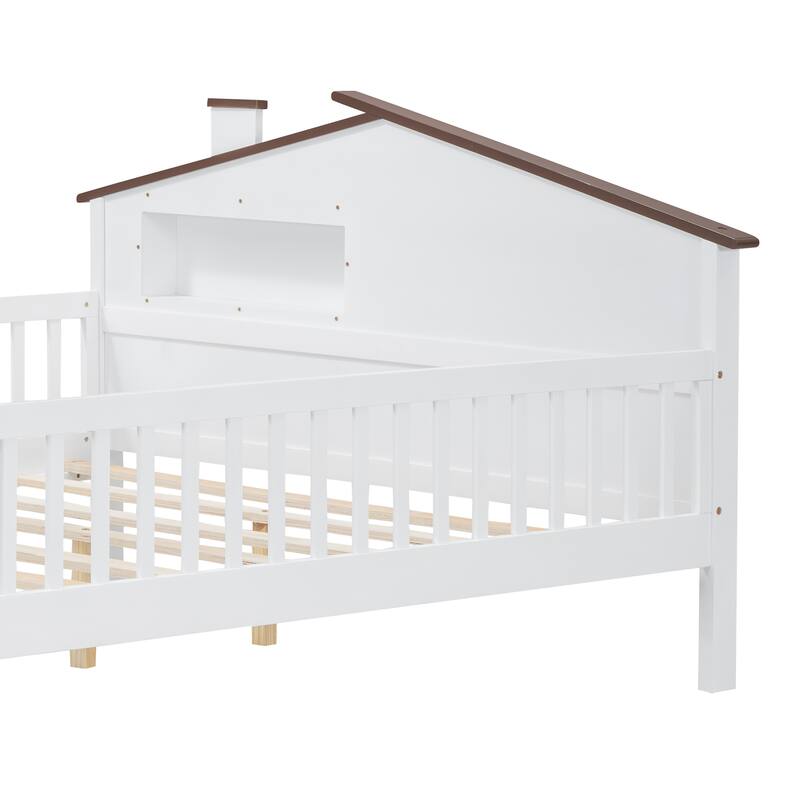 Full Size Wood Platform Bed with House-shaped Headboard, LED and Built-in Storage