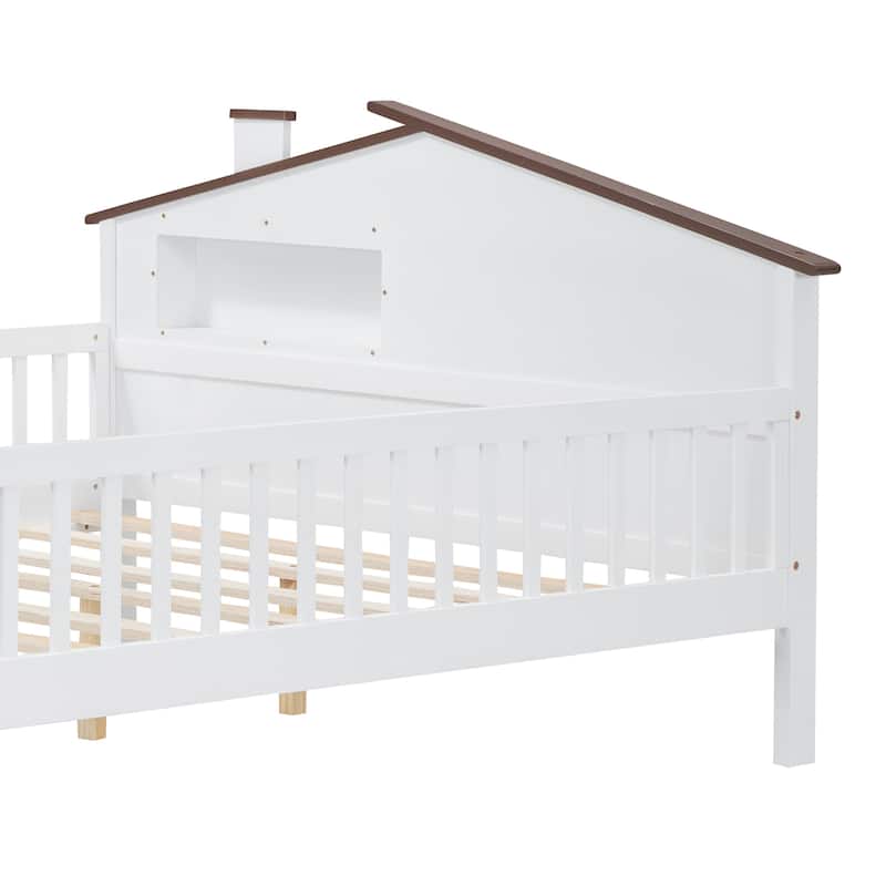 Twin Size Platform Bed with LED-Lit House Headboard, Built-in Storage Nook and Guardrails